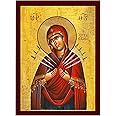 Our Lady of Sorrows icon, Virgin Mary icon Seven 7 swords, Handmade Greek Orthodox Icon, Mother of God Byzantine art wall han