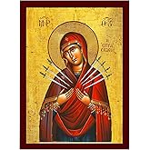 Our Lady of Sorrows icon, Virgin Mary icon Seven 7 swords, Handmade Greek Orthodox Icon, Mother of God Byzantine art wall han
