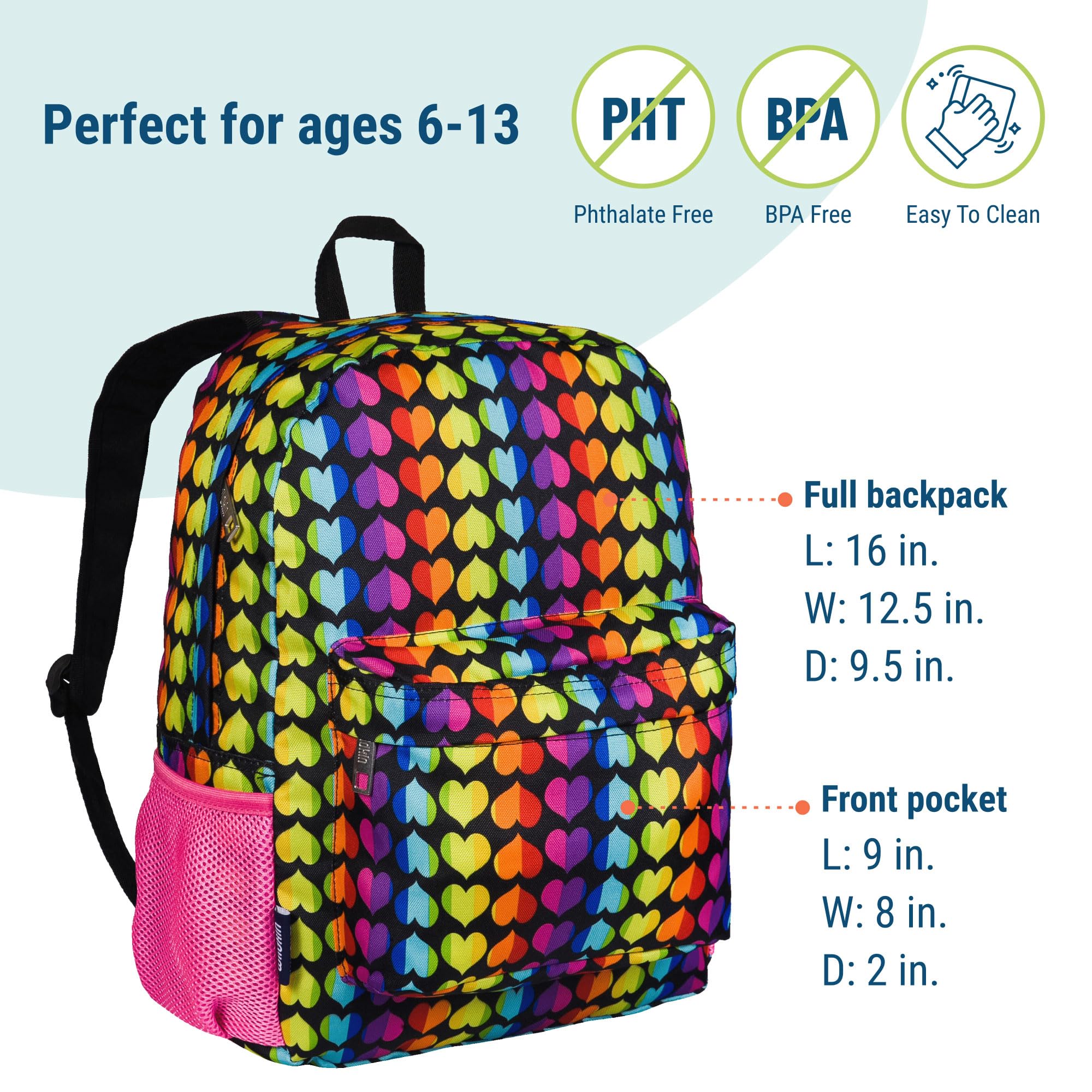 Wildkin 16 Inch Kids Backpack for Boys & Girls, 600-Denier Polyester Backpack for Kids, Features Padded Back & Adjustable Strap, Perfect Size for School & Travel Backpacks (Rainbow Hearts)