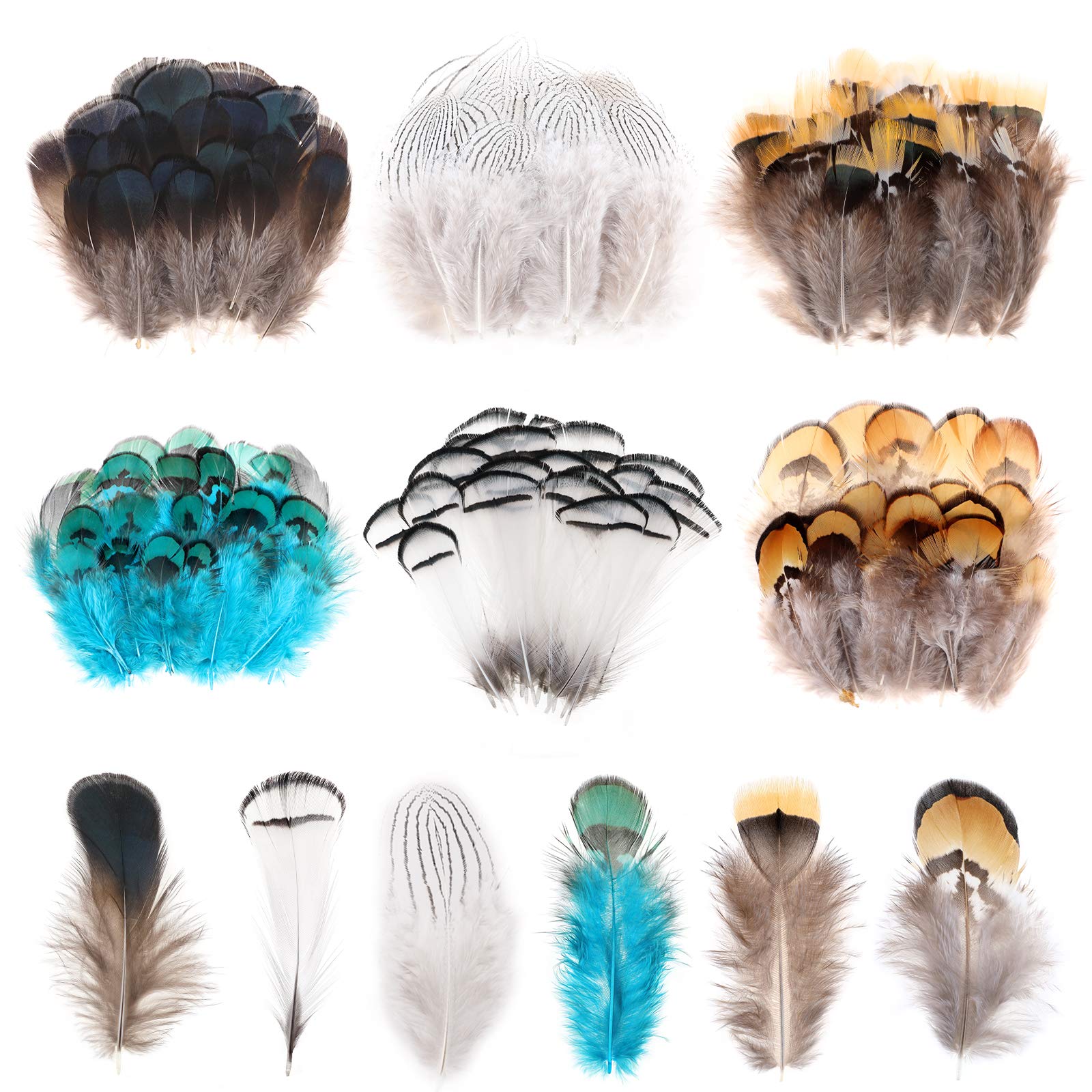 MWOOT 6 Styles Assorted Crafts Feathers, 120Pcs DIY Dreamcatcher Crafts Art Decor Feathers, DIY Earring Wings Carnival Party Mask Activities Project Accessories Small Feather - Mixed Green White Brown