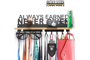 iBobbish Premium Trophy and Medal Display Shelf,Metal Trophy Shelf with Hooks Upgraded,Trophy Display,Sturdy Trophy Shelf with Hooks for Medals in Black Metal Wall Mount Medals Packed Gift