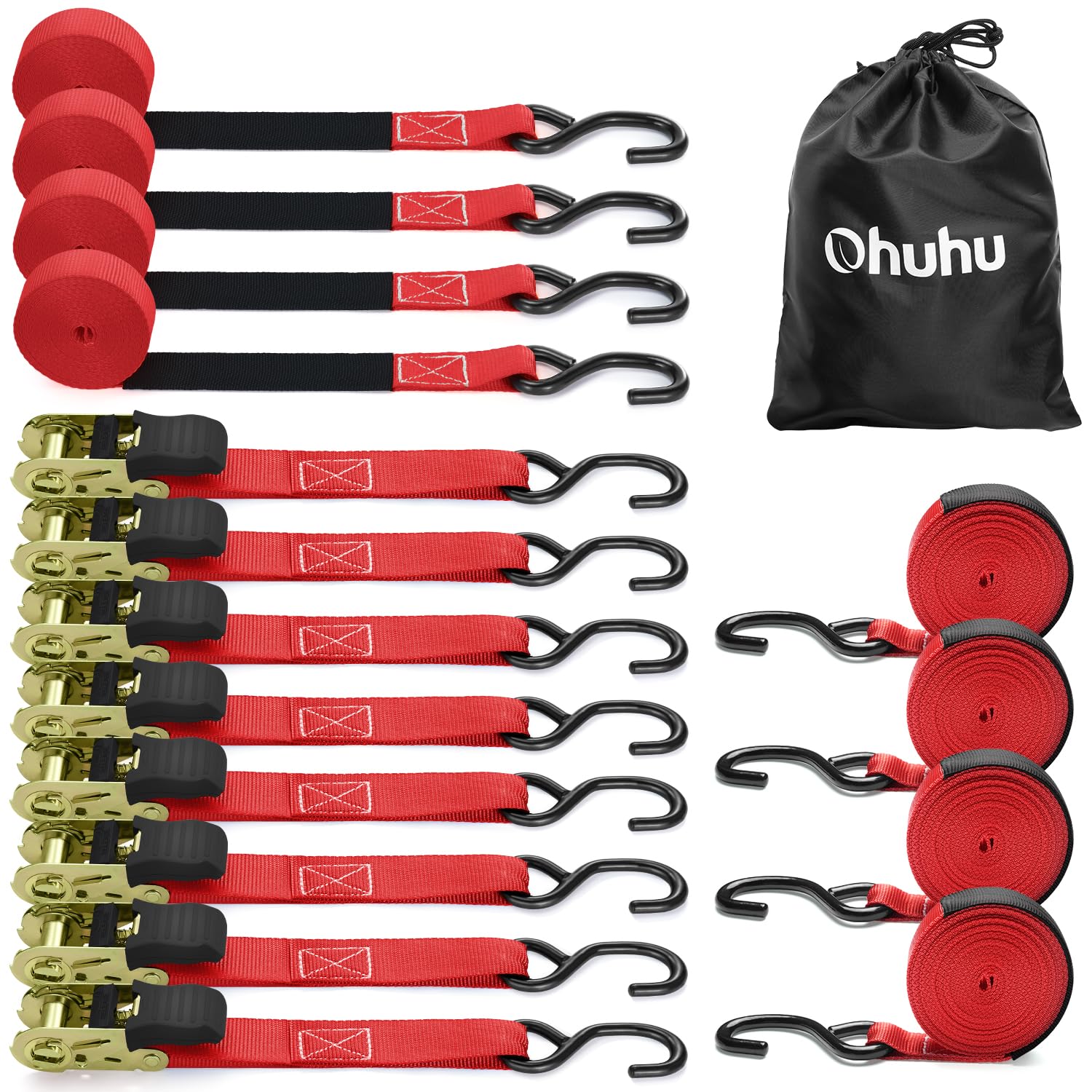 View 1 of (missing 3 pieces) Ratchet Tie Down Strap 8-Pack 15 Ft - 500 lbs Load Cap with 1500 lbs Breaking Limit, Ohuhu Ratchet Tie Downs Logistic Cargo