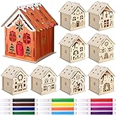 9 Sets Wooden Christmas Houses to Paint, Wood Paintable Houses Kit to Build with Watercolor Pens Make Your Own Christmas House Kits for Xmas Tree Ornaments DIY Art Project Activity