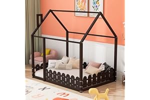 MERITLINE Full Size House Bed with Fence, Wooden Kids Montessori Beds with Roof, Playhouse Floor Bed Frame for Kids Girls Boys Teens (Espresso)