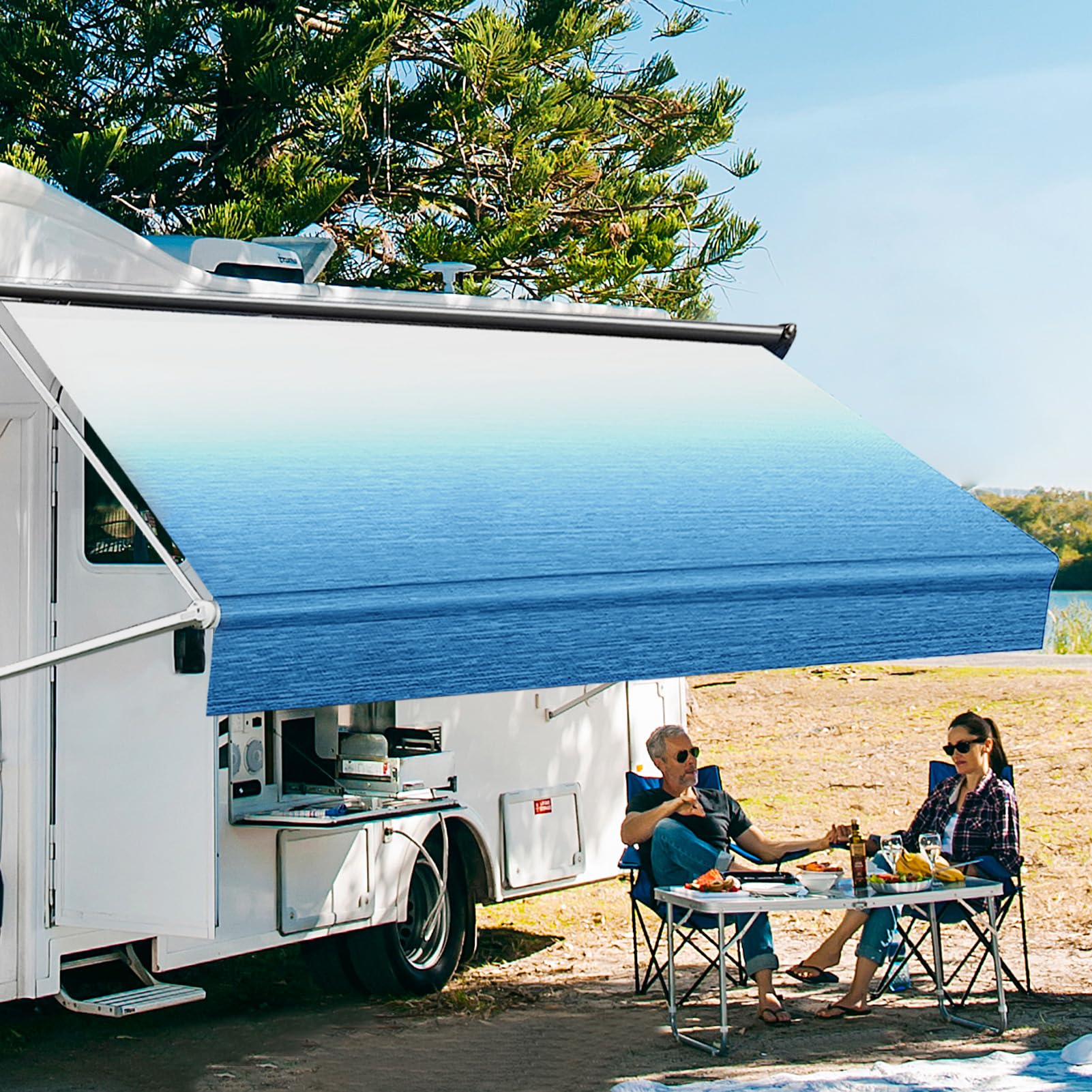Photo 1 of 18FT RV Awing Fabric Replacement, 16oz Heavy-Duty Weatherproof Camper Awning Replacement Vinyl Universal Outdoor Canopy for All Brands Camper, Awning for Door Entrance, Trailer, and Motorhome-Blue