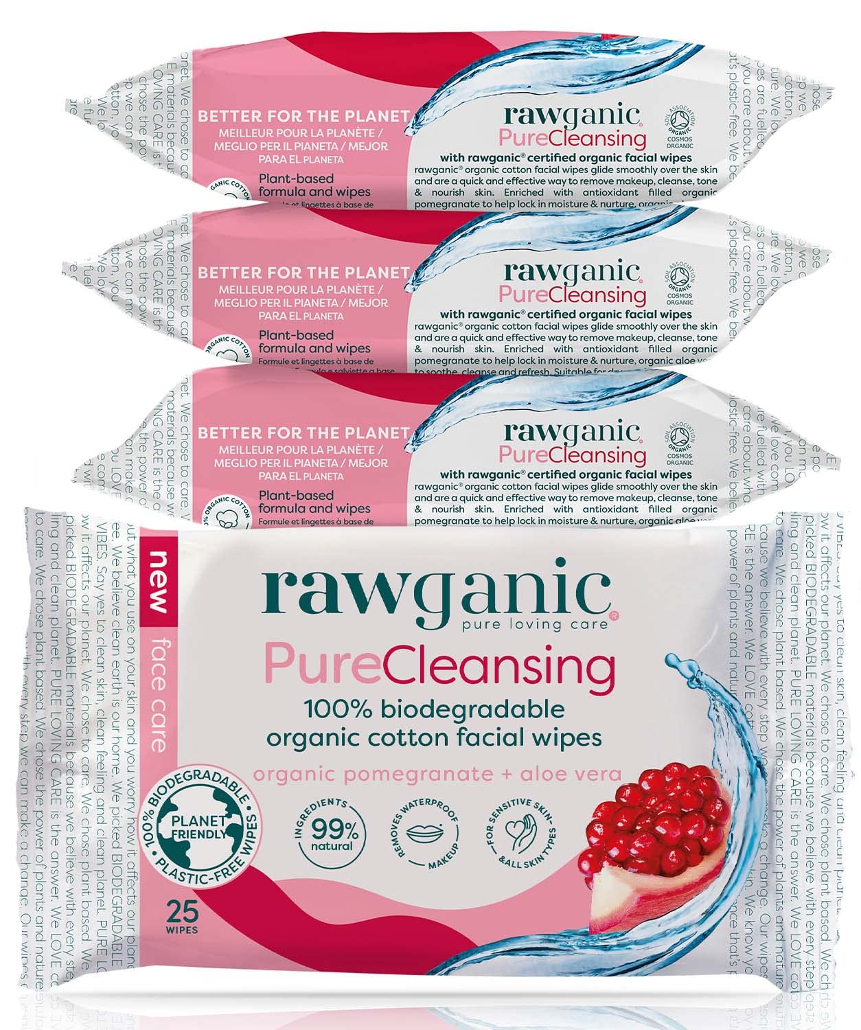 RAWGANIC Pure Cleansing Anti-aging Facial Wipes with Pomegranate and Aloe Vera | Gentle Hydrating Biodegradable Makeup Removal Wipes | Organic Cotton Face Wipes | 4 Packs (100 wipes in total)