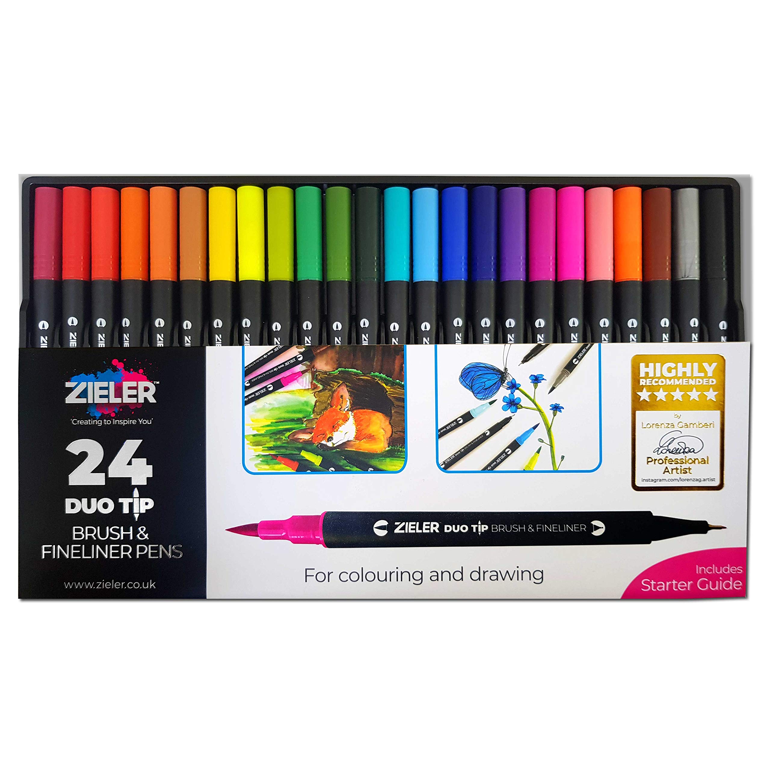 Zieler Fineliner Pens & Watercolour Brush Pens (Duo Tip, Set of 24) Ideal for Colouring, Drawing & Hand Lettering - 48 nibs - Vibrant Colours - Washable, Water-Based Ink