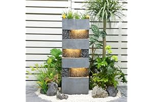 SERBILHOME 40" Tall Large Fountain Outdoor Rainfall 4 Tiers Fountain with Led Light Modern Water Fountain Plant Holder Design Patios, Decks, Gardens Outdoor Spaces Homes, Offices