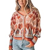 Women's Cute Sweater Cardigan Heart Print Y2K Button Open Front Cardigans V Neck Cropped Knitted Outerwear