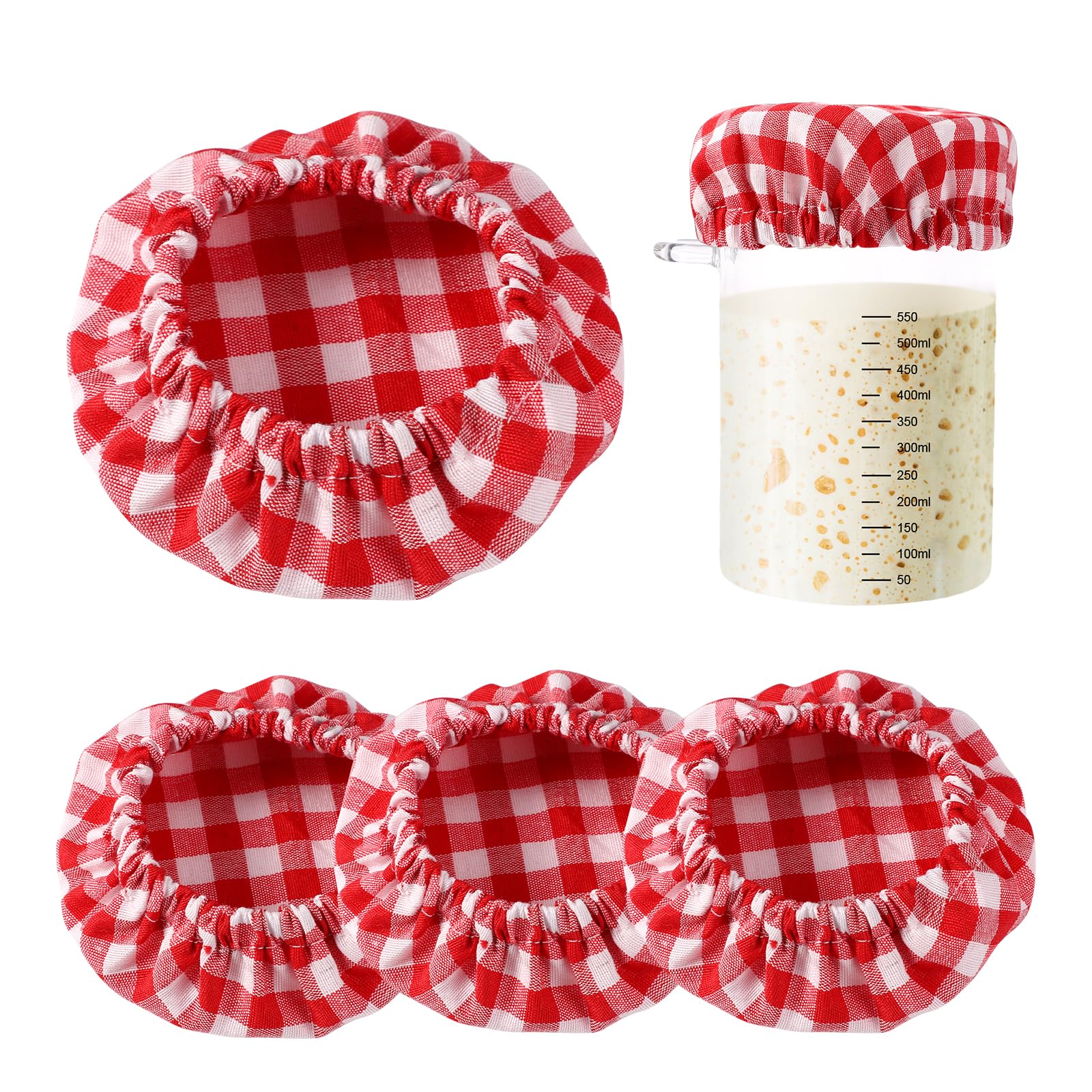 4pcs Sourdough Starter Jar Cloth Covers, Plaid Cloth Jar Covers Elastic Unbleached Reusable Cloth lid Cover Bowl Cover Dough Basket Cover Preserving Lids for 3-4 Inch Jar Mouth Baking Supplies(Red)