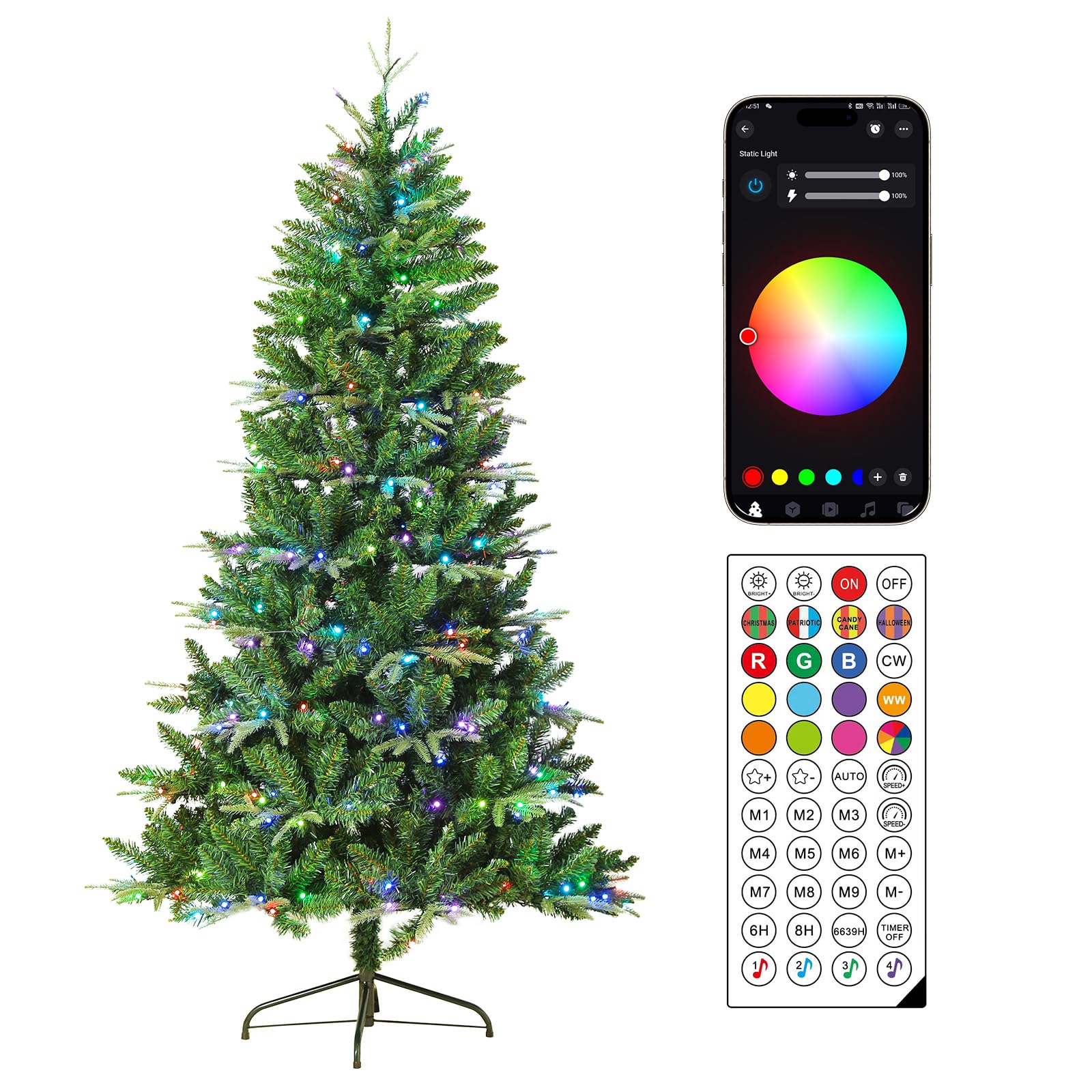 Photo 1 of 5.1ft Pre- Spruce Artificial Holiday Christmas Tree 167 RGB LED Light APP & Remote Control for Office Home Party Xmas Decoration, 729 Branch Tips, Semi-Automatic Metal Hinges Foldable Base (5.1FT)