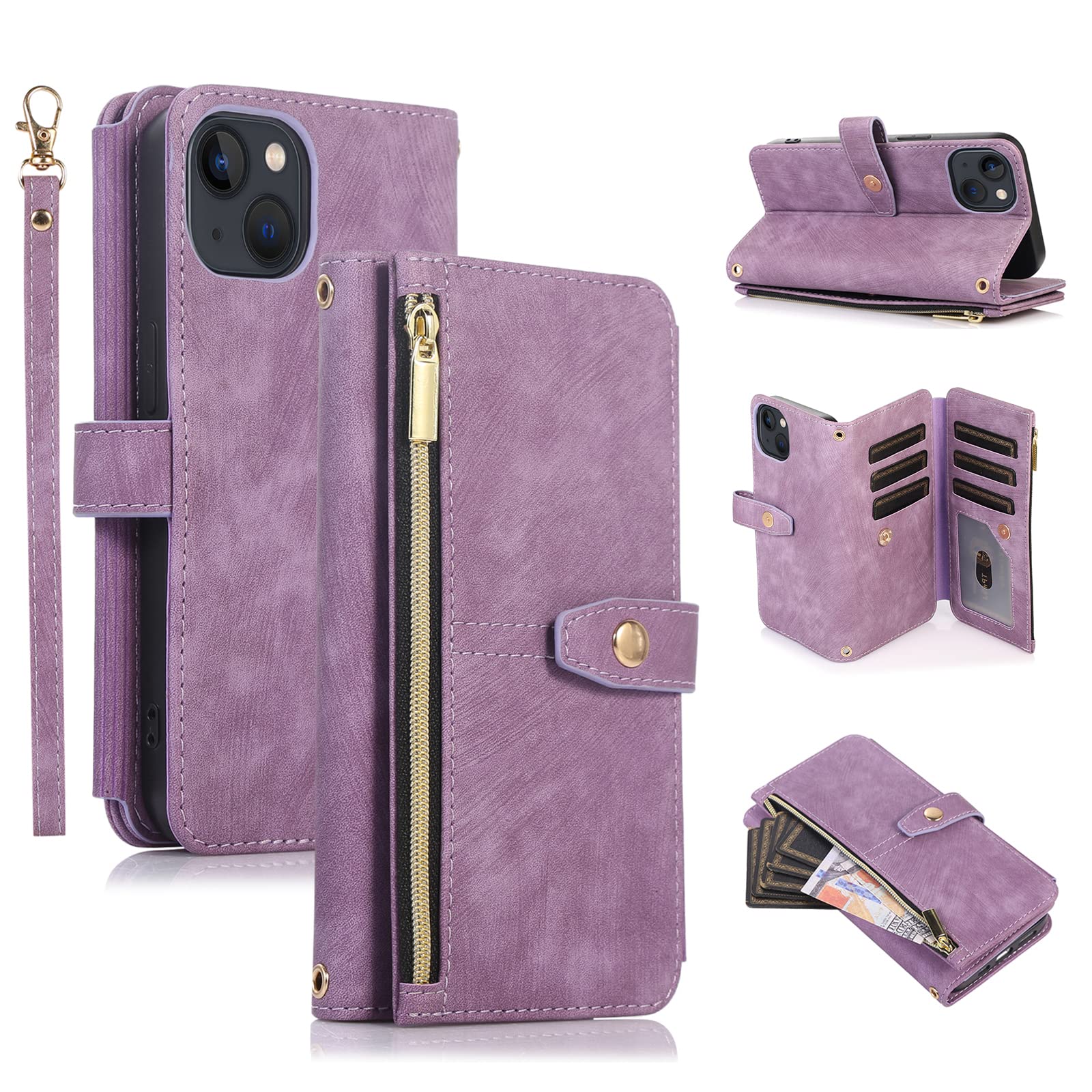 UEEBAI Case for iPhone 14 Plus 6.7 inch, 9 Card Slots Retro Leather Wallet Shockproof Flip Cover with Hand Strap Card Slots Zipper Pocket Kickstand Handbag Magnetic Closure - Purple