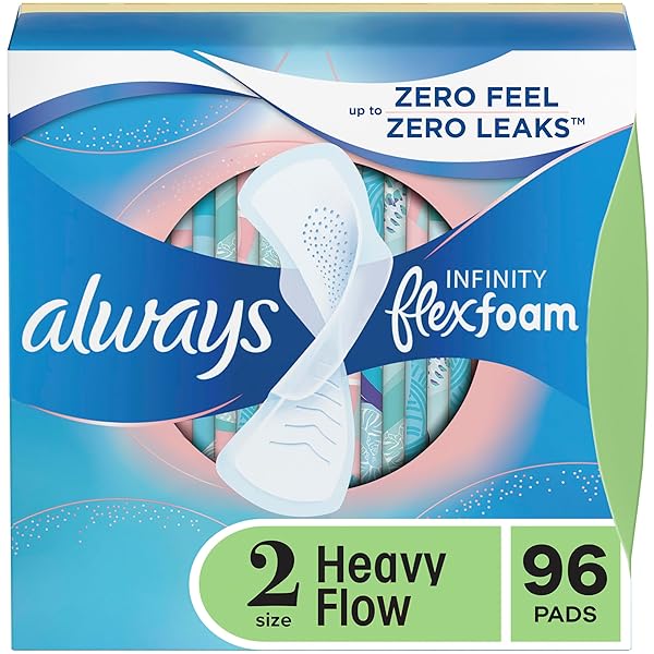 ALWAYS INFINITY FEMININE PADS FOR WOMEN, FLEXFOAM PADS WITH WINGS, SIZE 2, HEAVY ABSORBENCY, UNSCENTED, 96 COUNT (PACKAGING MAY VARY)