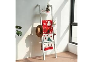 Taozun 67-Inch Farmhouse Blanket Ladder with Shelf and Hooks, 5-Tier Wooden Wall Leaning Towel Quilt Rack Holder for Living Room Decor
