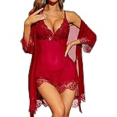 RSLOVE Women Sexy Lingerie Set 3 Piece Babydoll & Lace Kimono Robe Strap Chemise Sleepwear Mesh Nightgown