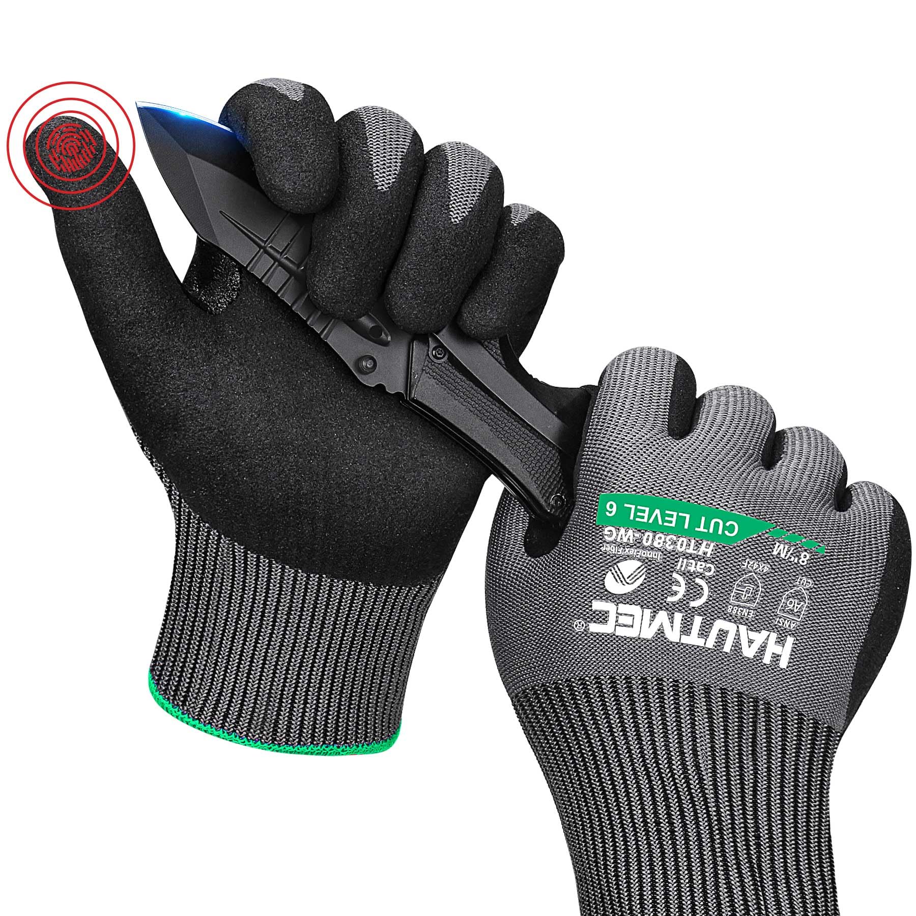 HAUTMEC ANSI A6 Cut Resistant Work Gloves, EN 388 4X42F Cutting Proof Gloves for Men, InnoFlex 13-Gauge Knit Nitrile Dipped, Touchscreen, Breathable for Construction/Machinery/Glass/Garden(M)