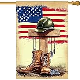 HOMETITUTE Memorial Day Garden Flag 28 x 40 Inch Double Sided Patriotic House Flag with Boots Helmet Cross and American Flag Design for Yard Porch Outdoor Military Tribute Decor