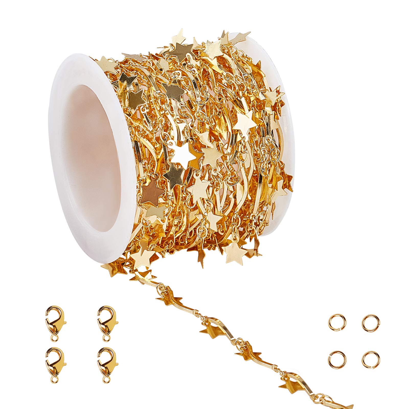CHGCRAFT 16.4Feet Brass Star Charm Chains 18K Gold Plated Scalloped Bar Long-Lasting Chains with Spool Lobster Claw Clasps and Jump Rings for Necklace Jewelry Making