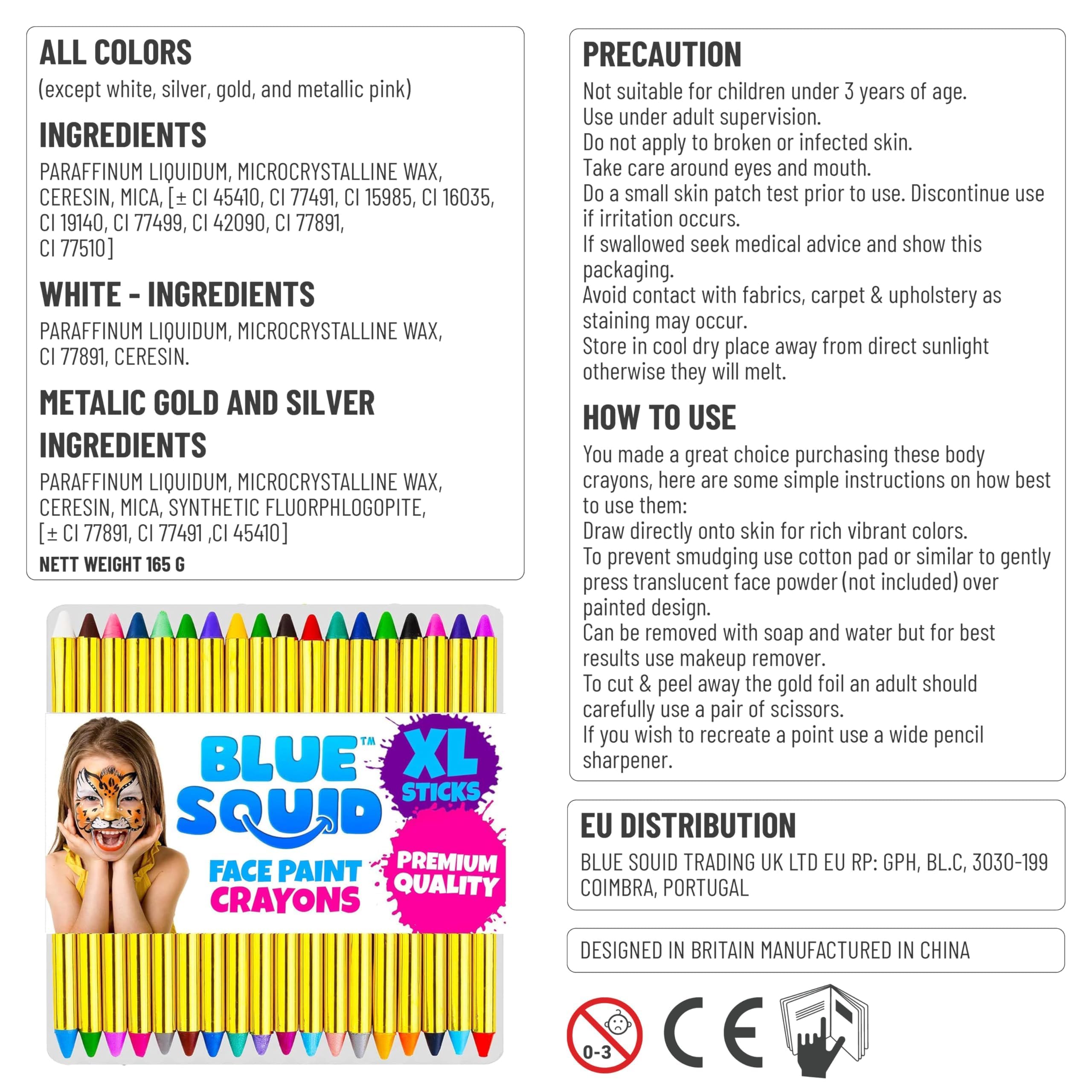 Blue Squid Face Paint Crayons for Kids - 42pcs XL Non-Toxic, Washable Body Paint Crayons - Our Face Painting Kit Makeup Sticks are Easy to Use, Safe for Sensitive Skin and Perfect for a Kids Party