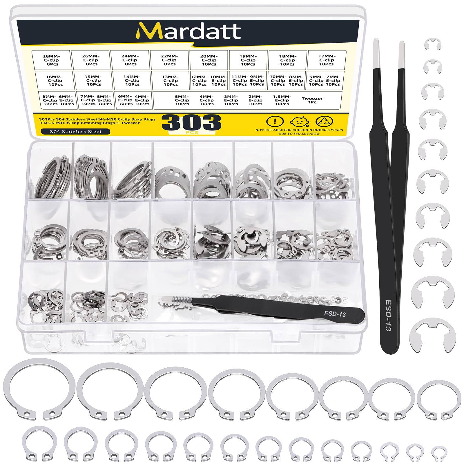 Mardatt 303Pcs Stainless Steel 21 Sizes C-clip External Retaining Rings Snap Rings Assortment Set(M4-M28) with 10 Sizes E-Clip External Retaining Rings Assortment Set(1.5mm-10mm), Tweezer