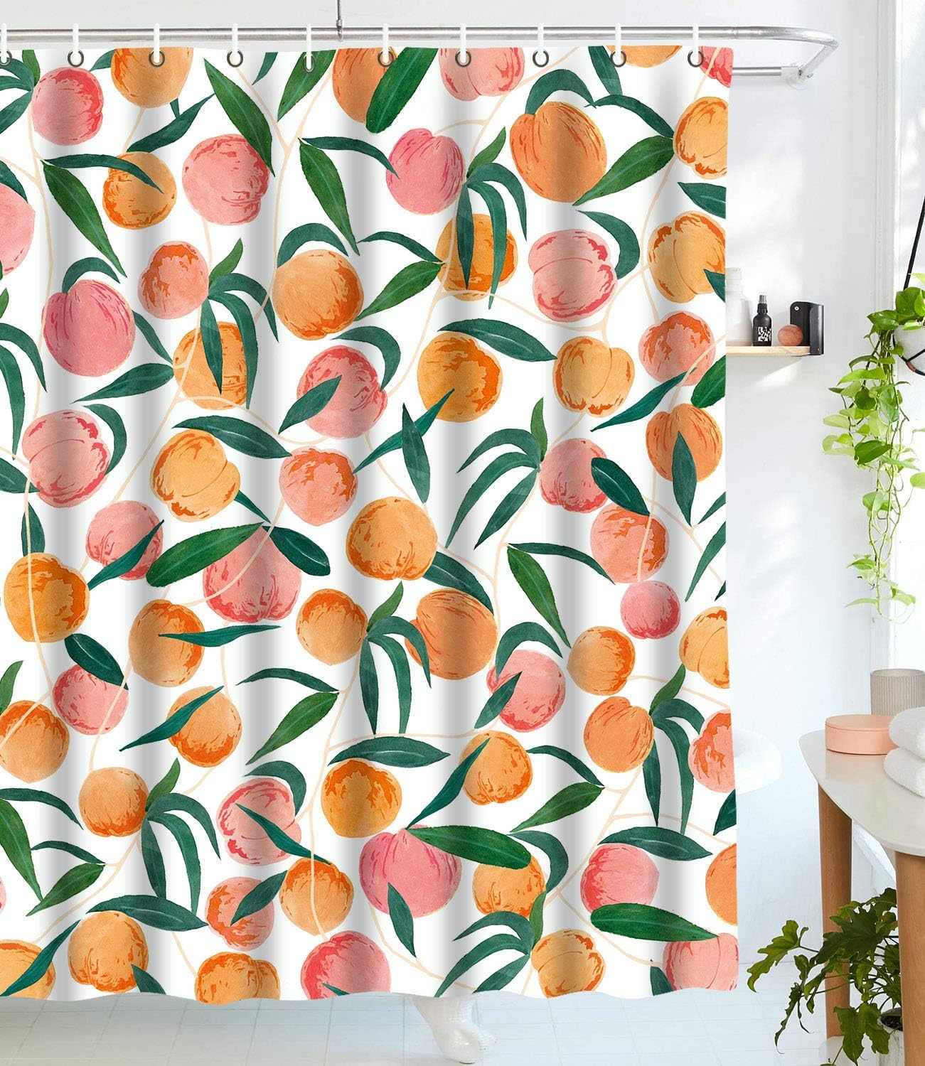 wanxinfu Shower Curtain with Hooks, Funny Fruit Theme Summer Peach Waterproof Decoration Polyester Cloth Bath Curtains Sets for Bathroom, 36" x 72"