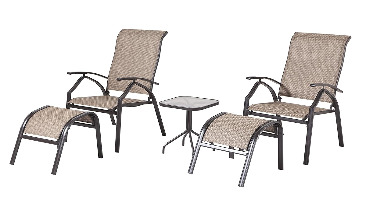 Backyard Classics Astoria 5 Piece Patio Seating Set With Adjustable Sling Chair Ottomans And Glass Table