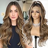 SAPPHIREWIGS Brown Wavy Wig 13x4 Lace Front Wigs Highlight Chestnut Brown with Tips Glueless Synthetic Wigs for Women Pre Plucked Heat Resistant Hair 20 Inches