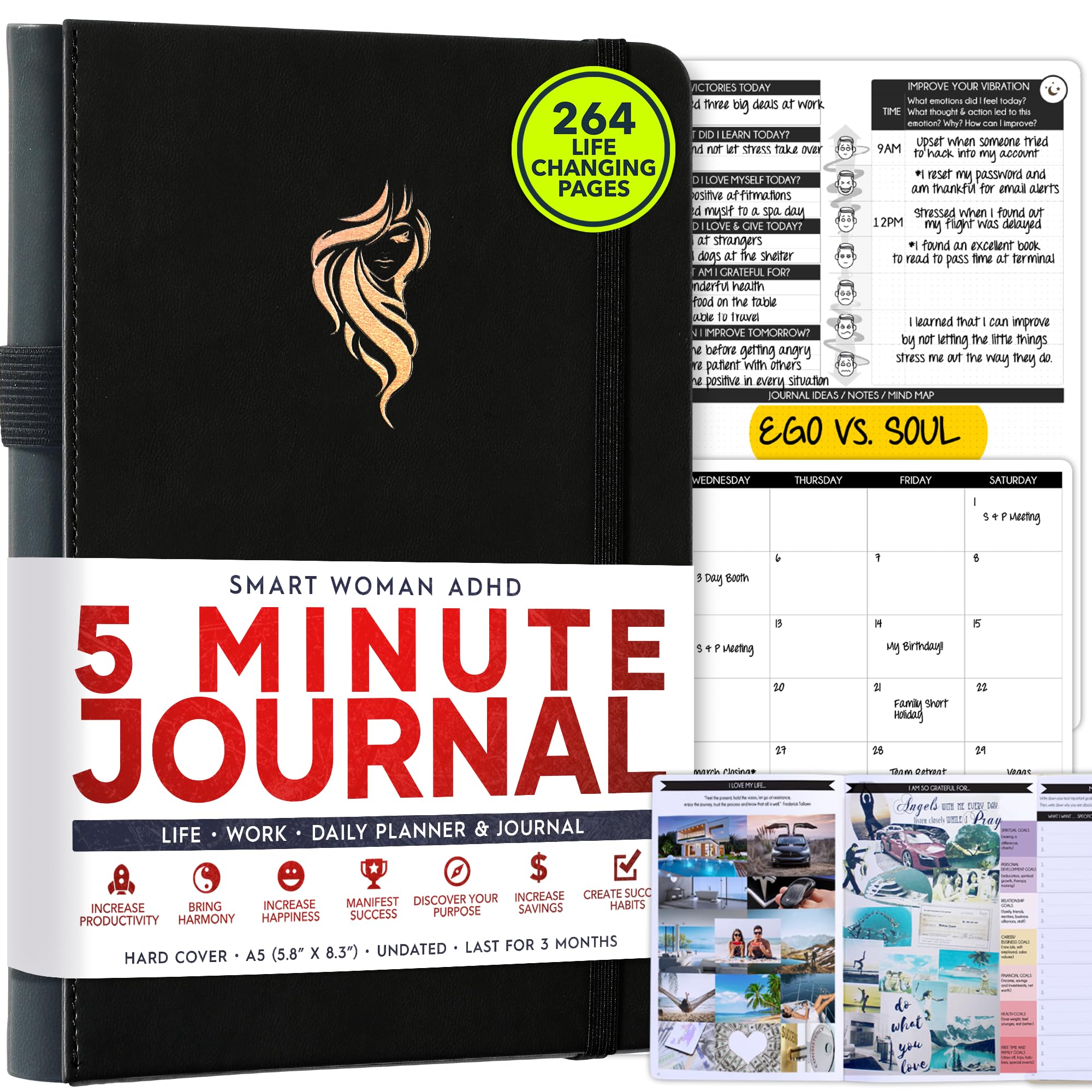Photo 1 of ADHD Planner for Adults - 5 Minute Gratitude & Manifestation Journal | 90-Day Undated Daily Planner for Positivity, Affirmations & Self Care | Guided Mindfulness, Reflection | Vision Board + Stickers