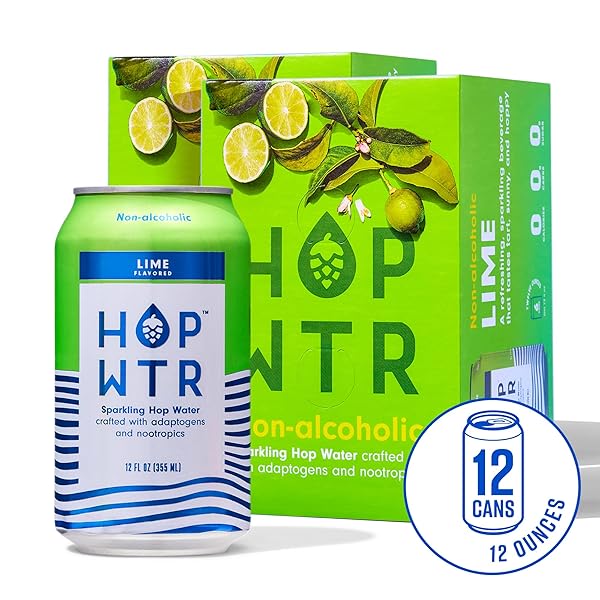 HOP WTR SPARKLING HOP WATER, LIME 12 PACK, SUGAR FREE, LOW CARB NON ALCOHOLIC DRINKS, NA BEER, ADAPTOGEN DRINK, NO CALORIES, ADAPTOGENS & NOOTROPICS FOR ADDED BENEFITS, 12 OZ CANS