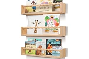 TUEGEGNS Nursery Book Shelves for Kids Rooms with Beads Set of 3,Wooden Floating Wall Bookshelves for Kids (Set of 3 Natural)