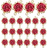 JMKTOOL 20pcs KC Golden Plated Red Rose Charms Connectors Alloy Lovely 3D Roseflower Shape Dangle Pendants with Double Holes for DIY Necklaces Earrings Jewelry Making Valentine's Gifts