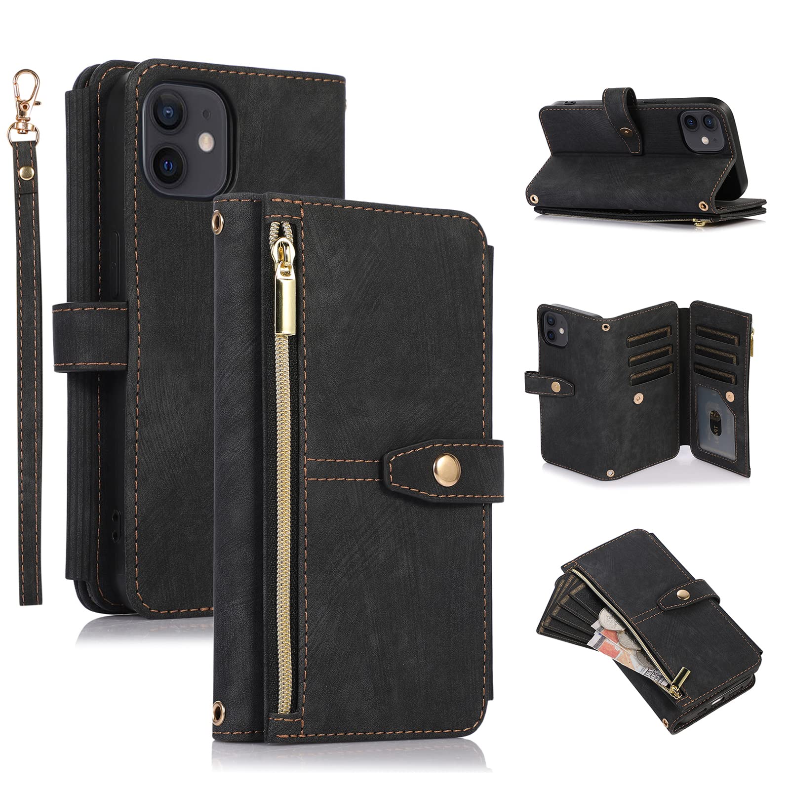 UEEBAI Case for iPhone 11 6.1 inch, 9 Card Slots Retro Leather Wallet Shockproof Flip Cover with Hand Strap Card Slots Zipper Pocket Kickstand Handbag Magnetic Closure - Vintage Black