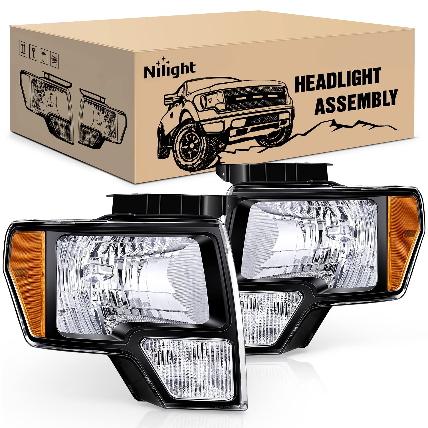Nilight 2009 2010 2011 2012 2013 2014 F150 Conjunto de faros delanteros con carcasa negra, lente transparente de esquina ámbar, repuesto de faros delanteros del lado del conductor y del pasajero, paquete de 2