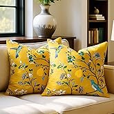 Mustard Yellow Floral Pillow Covers 18x18 Set of 2, Velvet Wild Flower Plant Throw Pillows Case, Square Farmhouse Decor Cushion Covers for Home Sofa Bed Couch