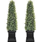 3.5ft Boxwood Outdoor Topiary Set of 2, Tall All Year Green Fake Plant Topiary Trees Artificial Outdoor Porch Trees with Sturdy Pot for Outdoor Indoor (Square)