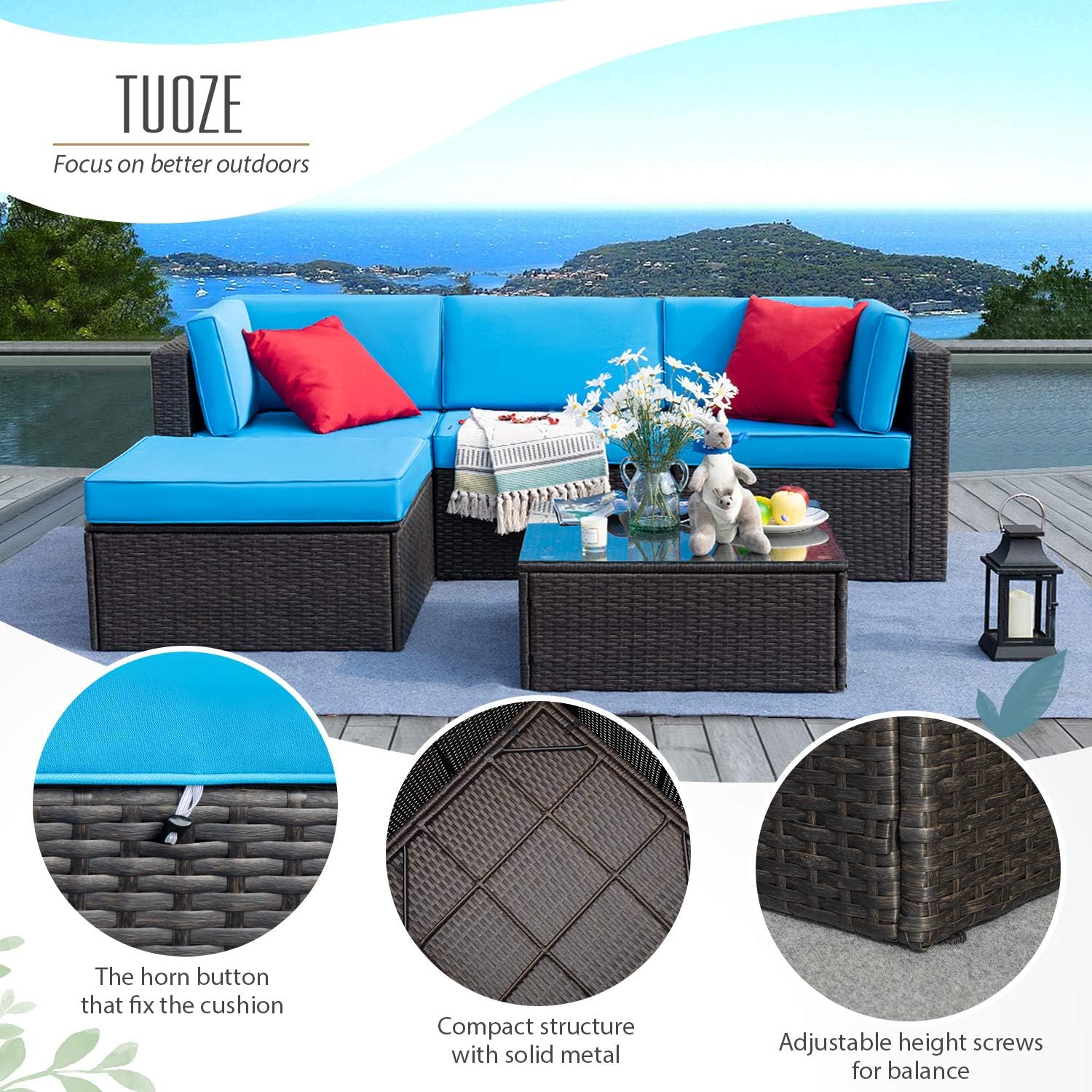 Tuoze 5 Pieces Patio Furniture Sectional Set Outdoor All-Weather PE Rattan Wicker Lawn Conversation Sets Cushioned Garden Sofa Set with Glass Coffee Table (Blue): Garden & Outdoor