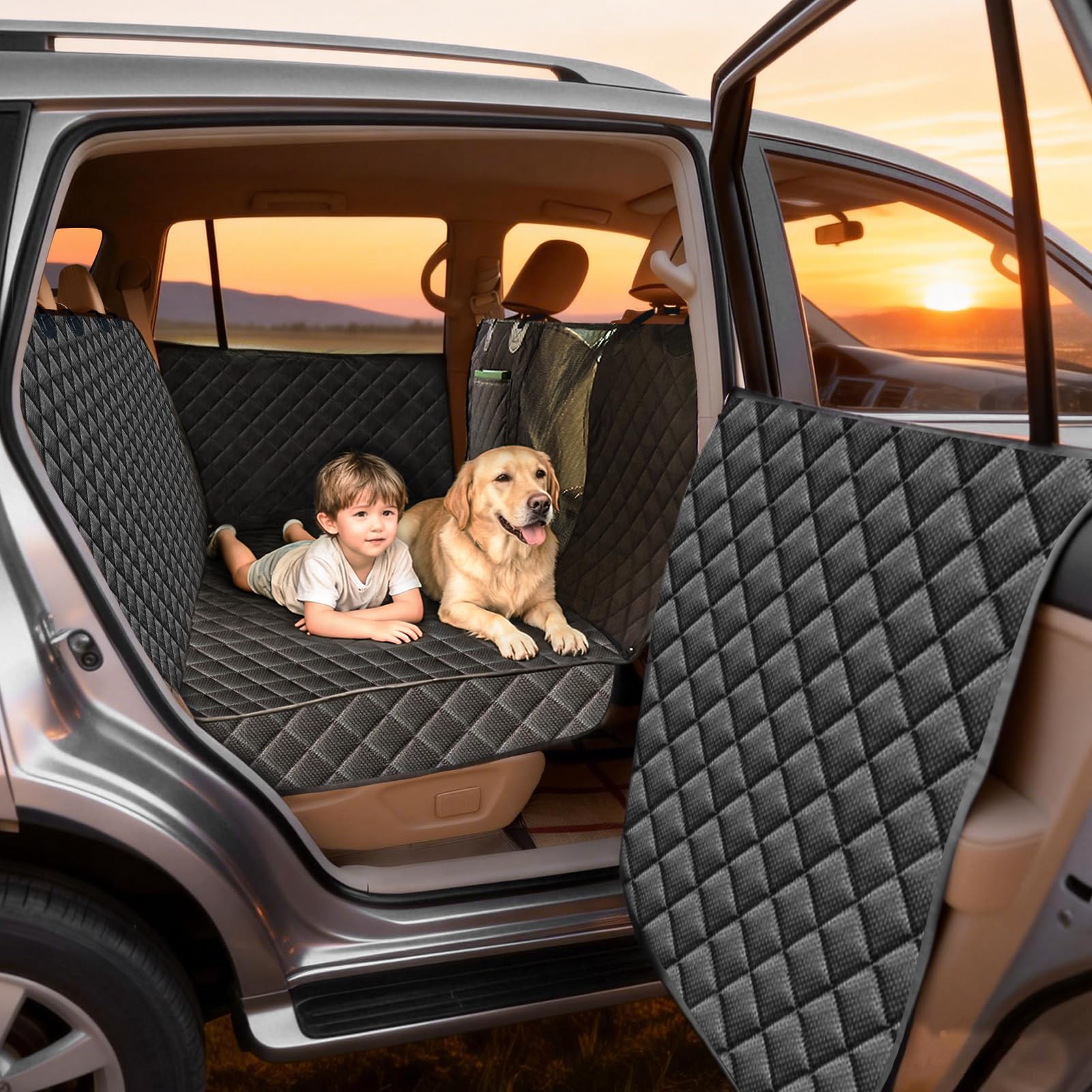 HNCPSY Back Seat Extender for Dogs,Hard Bottom Car Seat Cover for Dogs with Car Door Protectors, Dog Car Seat Cover for Back Seat Waterproof and Scratch-Resistant Seat Covers for Cars SUV&Truck Image