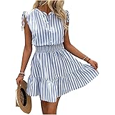 Floerns Women's Striped Sleeveless Tank Dress Button Front Ruffle Hem A Line Dresses