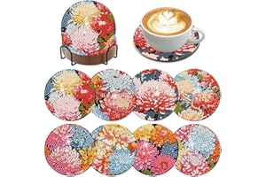 DOTSOPS 8 Pieces Diamond Painting Coasters with Holder - Diamond Art Coasters with Cork Base for Beginners Adults & Craft Supplies Party Gift (Flowers)