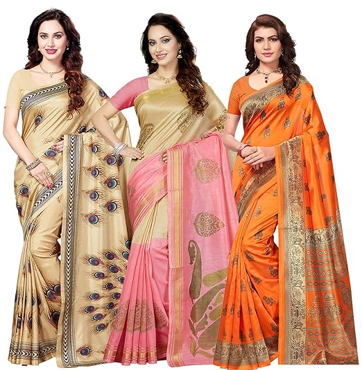 Combo of 3 Poly Silk Multicolor Printed Women Saree/Sari With Blouse Piece