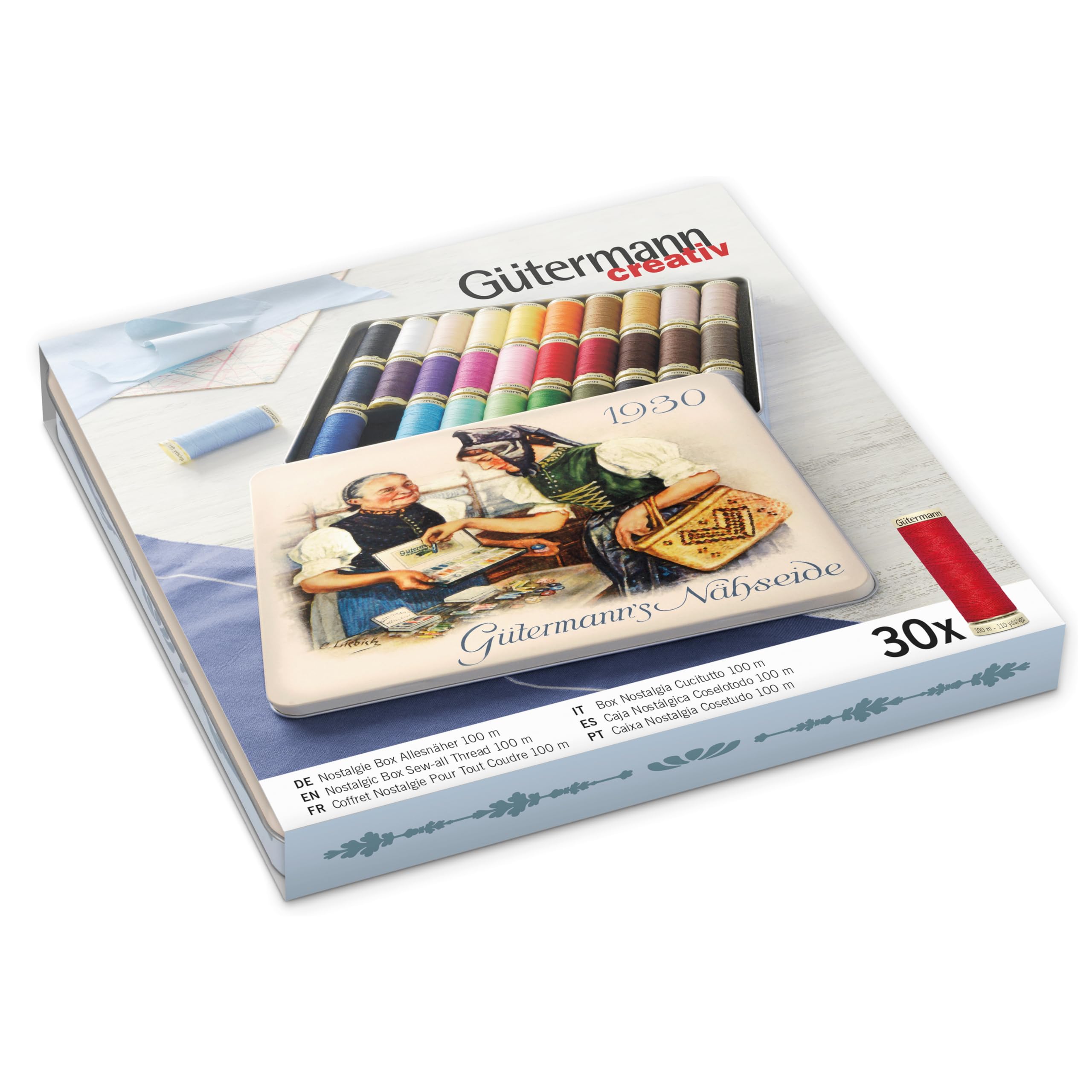 Gütermann creativ Nostalgic Box containing 30 spools of Sew-all Thread in different colours