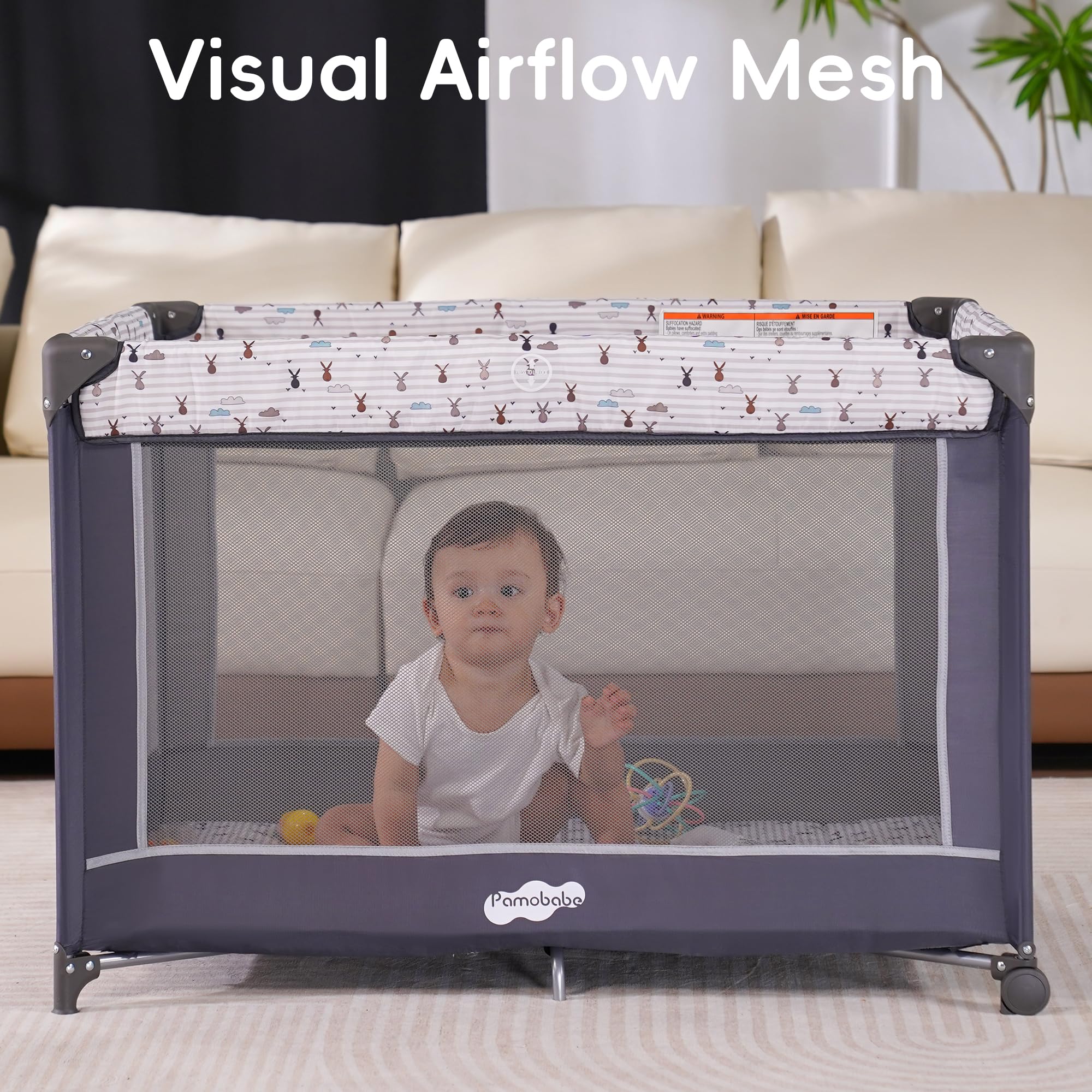 Pamo Babe Portable Playard,Sturdy Play Yard with Padded Mat and Toy bar with Soft Toys