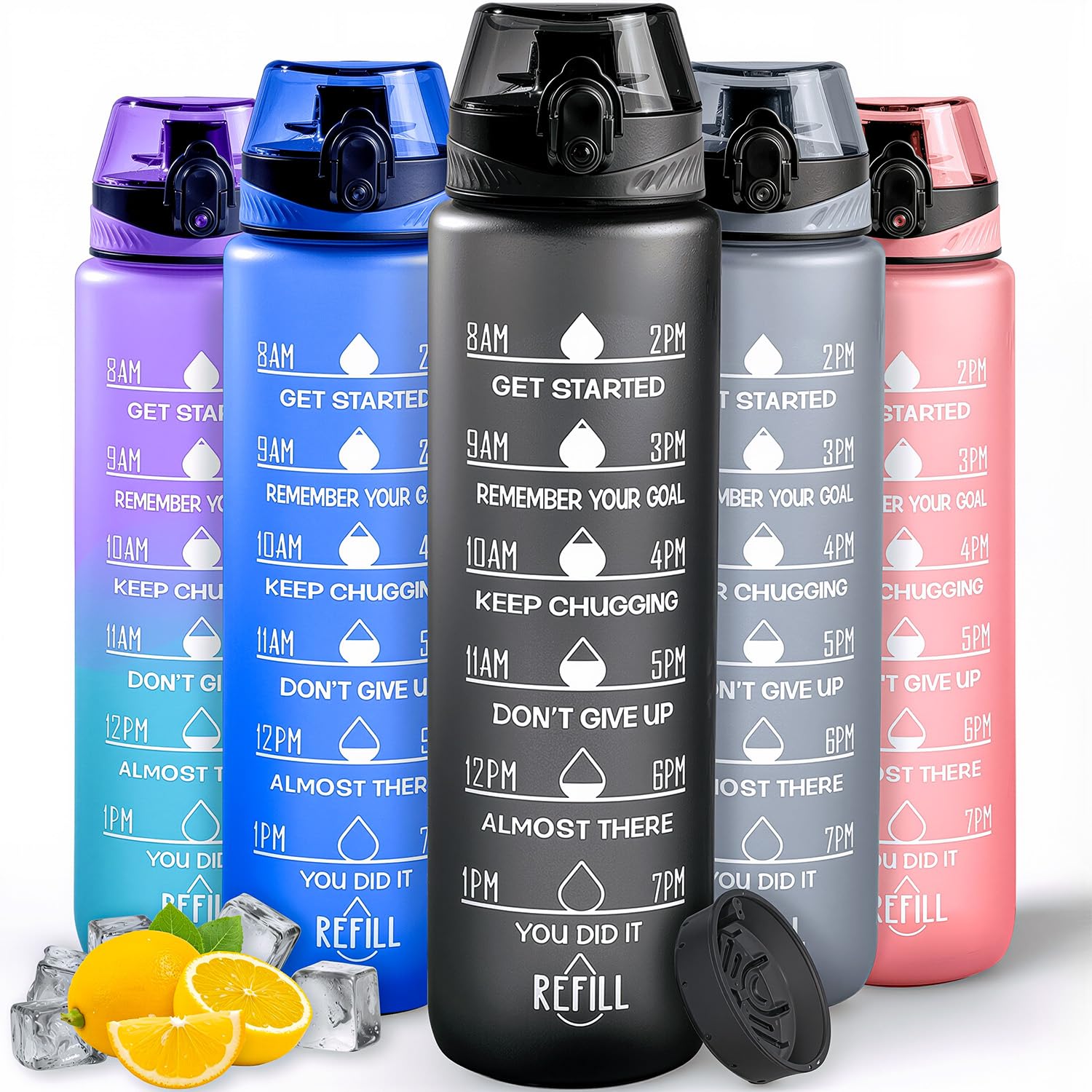 Active 100 Water Bottle 1L Sports Water Bottle with Motivational Time Marker, Leak-Proof Drink Bottle BPA Free Non-Toxic for Running, Cycling, Gym, School & Office