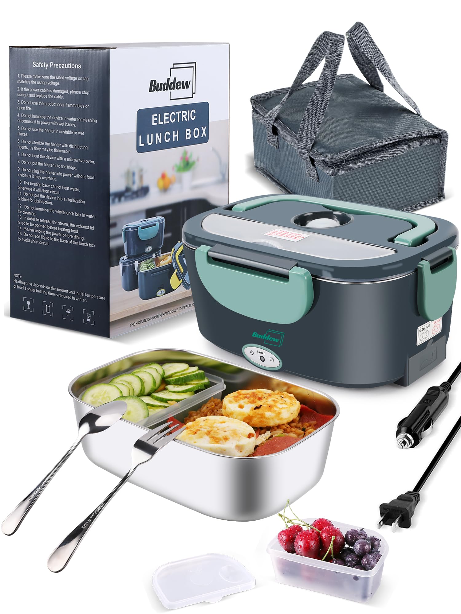 Photo 1 of Buddew Electric Lunch Box for Adults, 80W Heated Lunch Box 1.5L Stainless Steel Portable Food Warmer,12/24/110V Lonchera Electrica Portatil for Travel & Work, Loncheras para Hombres de Trabajo(Green)