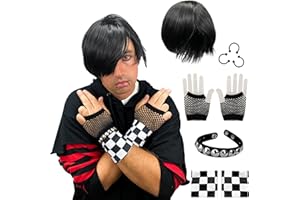 Watt's Wigs - Emo Costume Set for Men - 2000s Goth Pop Punk Scene Kid Party - Black Wig, Fake Piercings, Checkered Wristbands, Fishnet Gloves, and Studded Bracelet