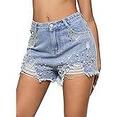 LifeShe Women Denim Short Rhinestone Tassel Jean Short Pearl Beaded Frayed Raw Hem Jean Shorts