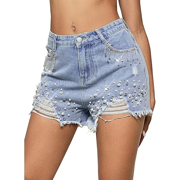 TACSTRUN Women's Jeans Shorts High Waisted Rhinestone Pearl TACSTRUN Women's Jeans Shorts High Waisted Rhinestone Pearl