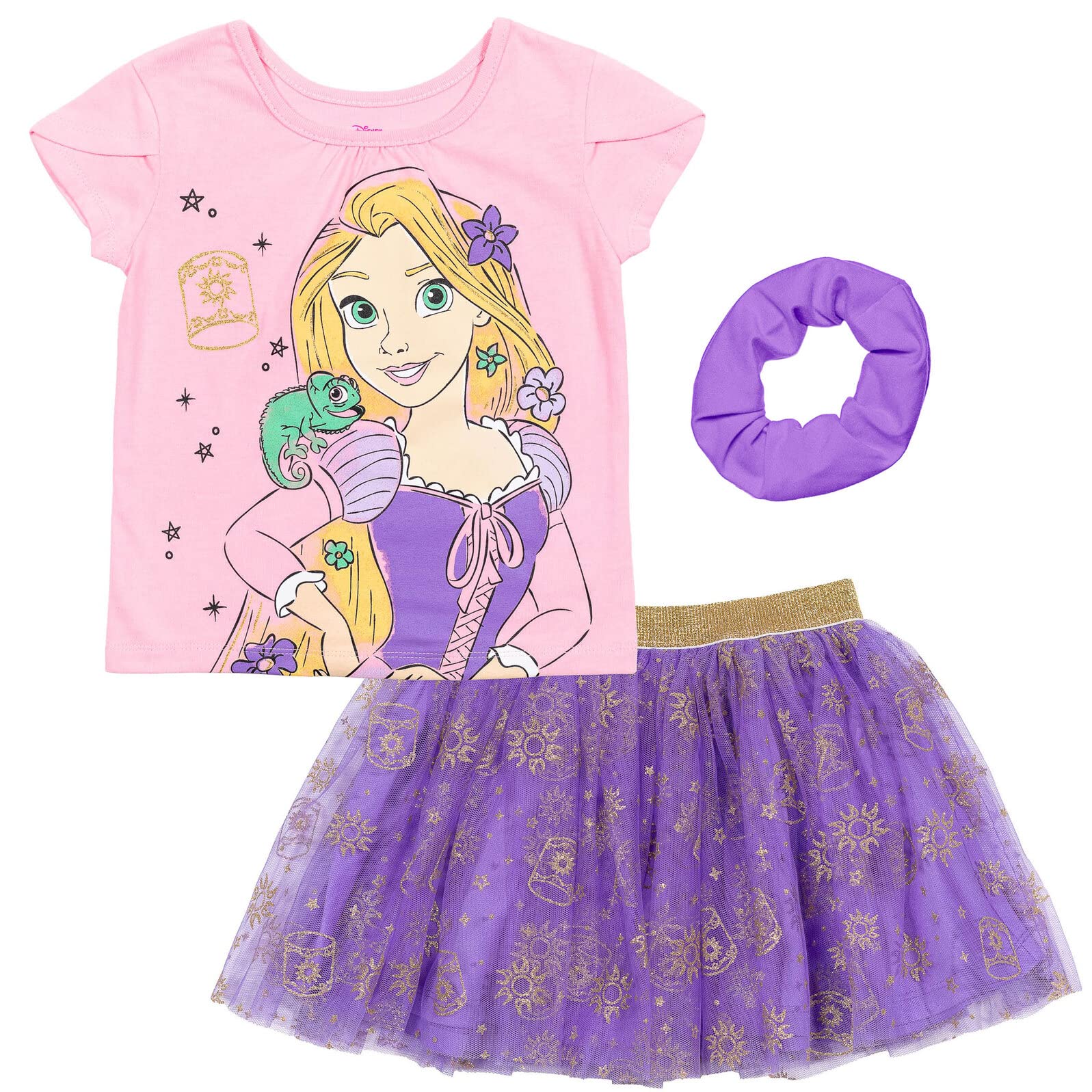 Disney Princess Moana Frozen Girls T-Shirt Tulle Mesh Skirt and Scrunchie 3 Piece Outfit Set Toddler to Big Kid