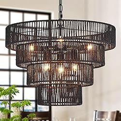 YOMECOO Black Rattan Chandelier Vintage Farmhouse