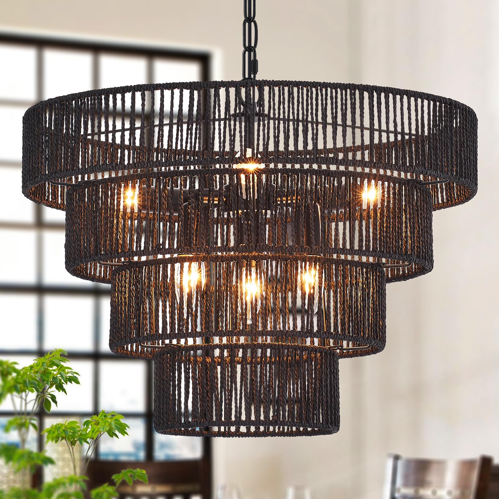 YOMECOO Black Rattan Chandelier Vintage Farmhouse